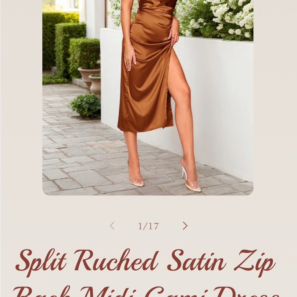 Satin Split Midi Dress in Brown